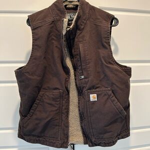 Carhartt Brown Hooded Sherpa Vest with Cream Lining